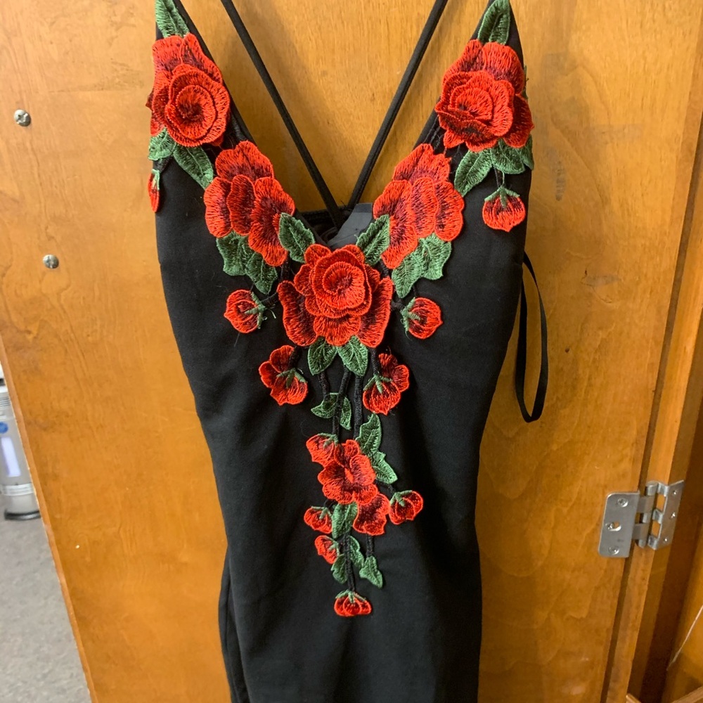 Red rose and black bodycon dress